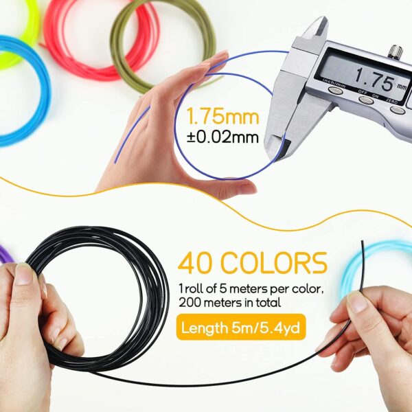 40 Colors PLA Filament 1.75mm, Each Color 16.4 Feet, Total 656.1 Feet, 3D Printer Pen Filament Refills, Multicolored Filament Bundle Dimensional Accuracy +/- 0.02 mm (Colorful) - Image 2