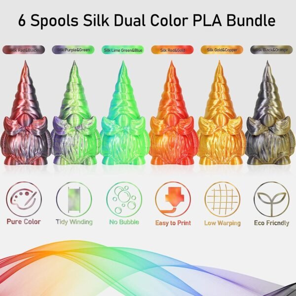 MIKA3D 6 Spools Bicolor Dual Color 1.75mm 3D Printer Filament Bundle, 3D Printing Silk PLA, Silk Black-Orange/Red-Gold/Black-Red/Gold-Copper/Green-Blue/Green-Purple, 3D Printing PLA 250g X 6 Spools - Image 3