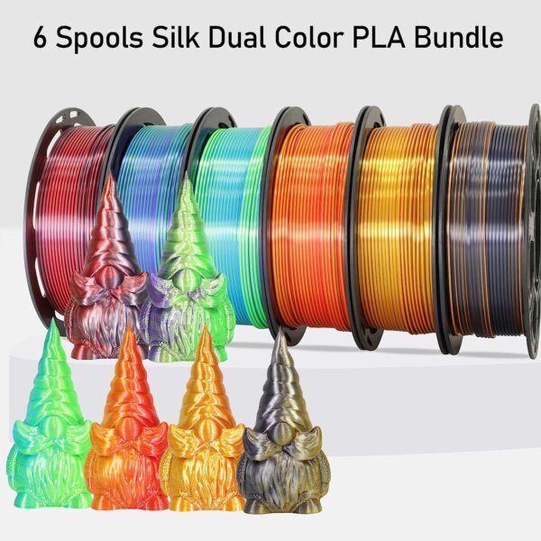 MIKA3D 6 Spools Bicolor Dual Color 1.75mm 3D Printer Filament Bundle, 3D Printing Silk PLA, Silk Black-Orange/Red-Gold/Black-Red/Gold-Copper/Green-Blue/Green-Purple, 3D Printing PLA 250g X 6 Spools - Image 2