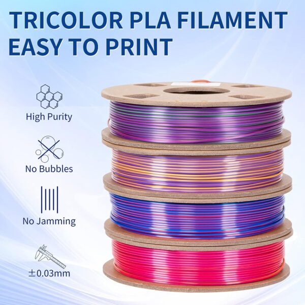 Tri-Color PLA Filament,TRONXY 3D Printer Filament Bundle,Three Color Change PLA Filament 1.75mm±0.03,Fit Most 3D Printers 250g*4/2.2lbs Pack - Image 2