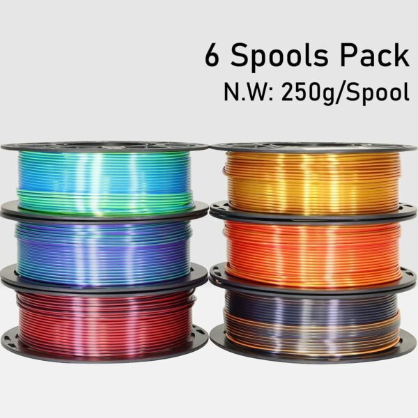 MIKA3D 6 Spools Bicolor Dual Color 1.75mm 3D Printer Filament Bundle, 3D Printing Silk PLA, Silk Black-Orange/Red-Gold/Black-Red/Gold-Copper/Green-Blue/Green-Purple, 3D Printing PLA 250g X 6 Spools - Image 4