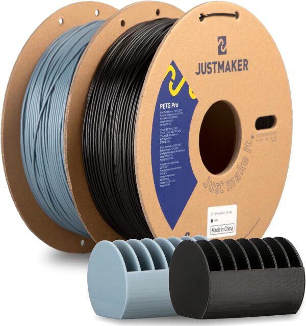 JUSTMAKER PETG Pro (PETG+) 3D Printer Filament Bundle, Updated Stronger Impact Resistance, Dimensional Accuracy +/-0.03mm, 1.75mm, 1KGx2, Blue Gray/Black