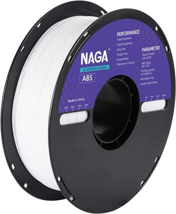 NAGA ABS 3D Printer Filament 1.75mm, High Toughness & High Hardness Filament, 1kg Spool(2.2lbs), Dimensional Accuracy +/- 0.03 mm (White)