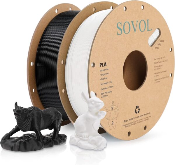 Sovol 3D Printer PLA Filament 2kg (4.4 lbs) Spool Printing Materials, Wiring Tightness, Dimensional Accuracy +/- 0.03 mm, 1.75 mm, Black+White