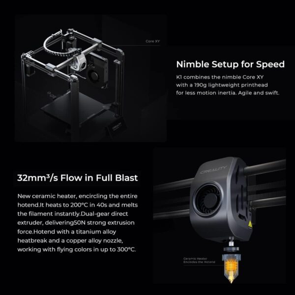 Creality K1 3D Printers, 600mm/s Max Speed 20000mm/s² Acceleration 32mm³/s Max Flow Hotend Hands-Free Auto Leveling Dual Cooling - Image 3