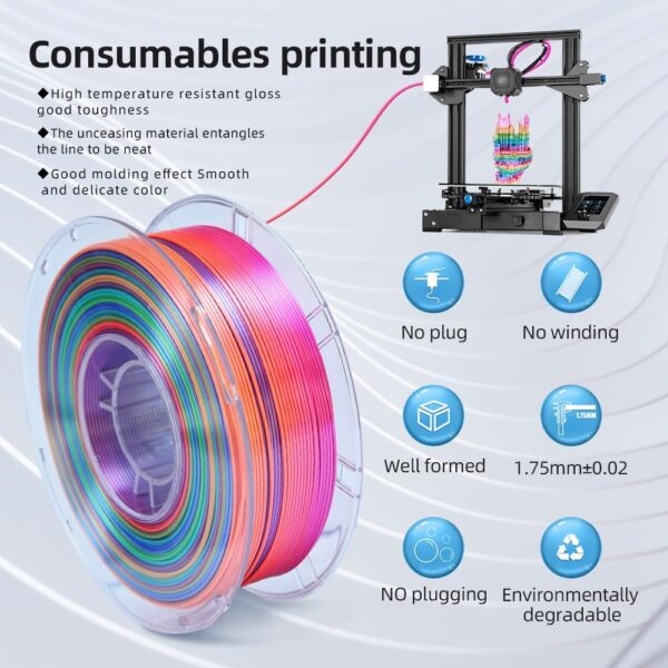 3D Silk PLA Filament, Rainbow PLA,3D Printer Filament 1.75mm, 3D Printing Filament +/-0.02mm, 1kg/2.2lbs Fit Most FDM 3D Printers (Silk Rainbow 663_ Pinkycolor) - Image 2