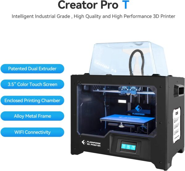 Flashforge Upgrade Creator Pro T 3D Printer, Direct Drive Dual Extruder, WiFi Connection, Semi Auto Leveling, Color Touchscreen, Works with ABS/PETG/PLA - Image 2