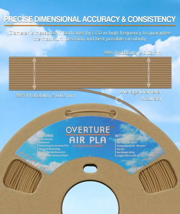 OVERTURE Air PLA Filament, Pre-Foamed PLA Low-Density, Lightweight PLA, Cardboard Spool, 0.8kg(1.76lbs), Dimensional Accuracy 99% +/- 0.03mm (Wood) - Image 4