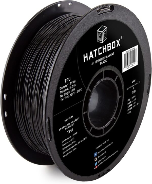 HATCHBOX 1.75mm Black TPU 3D Printer Filament Shore 95A, 1 KG Spool, Dimensional Accuracy +/- 0.03 mm, 3D Printing Filament