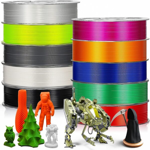 10 Pack 3D Printing Filament ABS 3D Printer Filament 1.75 mm 0.2 kg Each Spool 10 Colors Filament Pack with Nozzle and Cleaning Needle Compatible with 3D Printers, Solid and Translucent