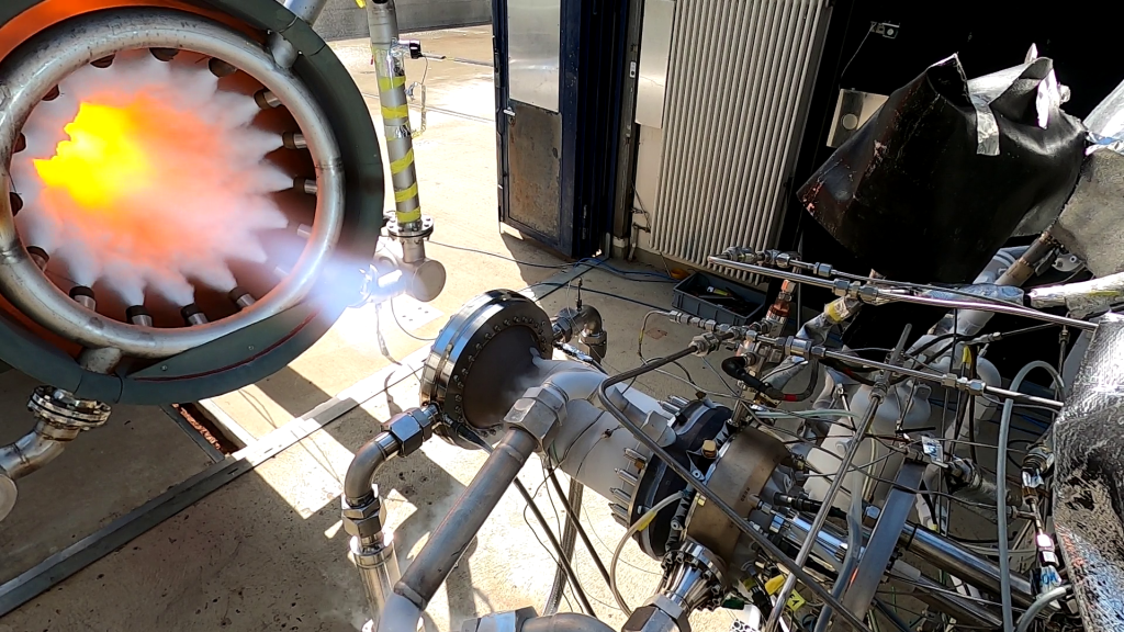 ArianeGroup hot fire testing 3D printed combustion chambers. Photo via AMCM.