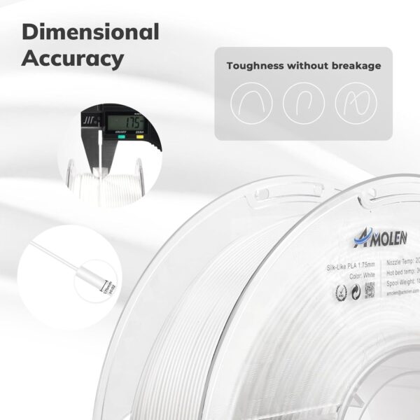 AMOLEN Silk PLA Filament 1.75mm 3D Printer filaments, Shiny White Filament for 3D Printing, 1kg(2.2lbs) Spool, Compatible with Most Printer(Silk White) - Image 3