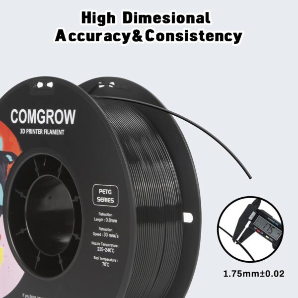 Comgrow PETG 3D Printer Filament 1.75mm, High Precision and Tough 3D Printer Filament 4kg, Dimensional Accuracy +/- 0.02 mm, Fit Most 3D Printers Black - Image 3