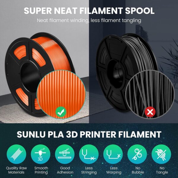 SUNLU PLA Filament Bundle 1.75mm, 3D Printer Filament, Dimensional Accuracy +/- 0.02 mm,1kg Spool, 10 Rolls, Black+White+Grey+Blue+Green+Transparent (Purple+Green+Orange+Blue+Red) - Image 3