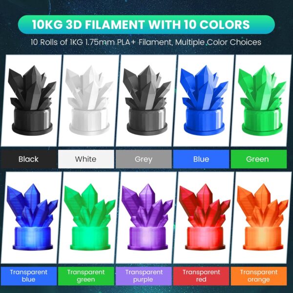 SUNLU PLA Filament Bundle 1.75mm, 3D Printer Filament, Dimensional Accuracy +/- 0.02 mm,1kg Spool, 10 Rolls, Black+White+Grey+Blue+Green+Transparent (Purple+Green+Orange+Blue+Red) - Image 5
