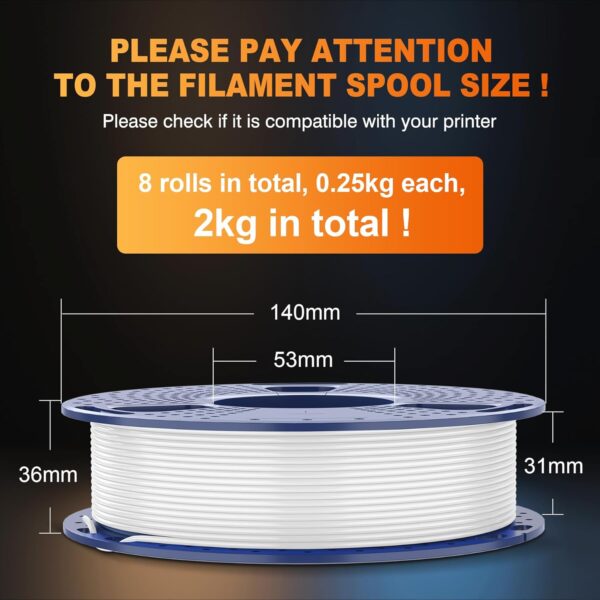 SUNLU ABS Filament 1.75mm 3D Printer Filament Bundle Multicolor, Individually Vacuum Packed, 2kg in Total, 0.25kg per Spool, 8 Pack, 8 Colors, Black+White+Grey+Blue+Yelllow+Green+Red+Orange - Image 6