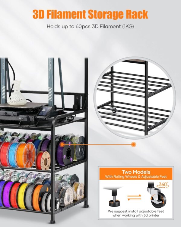 3D Printer Rack Filaments Storage - Rolling 3d Printing Stand Filament Organizer, Spools Holder Racks Cart with Wheels, Heavy Duty Shelf Hold Spool PLA, ABS, PETG for Garage Office Workshop - Image 4