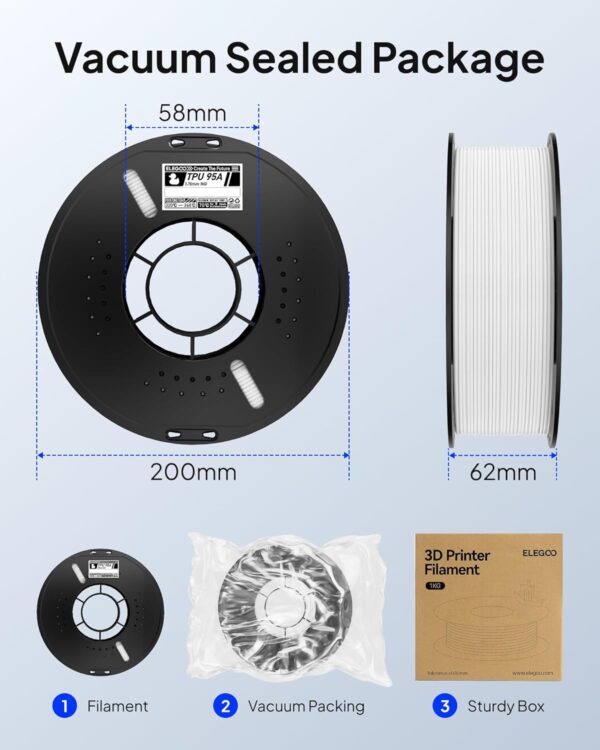 ELEGOO TPU Filament 1.75mm White 1KG, 95A Flexible Soft 3D Printing Filament Dimensional Accuracy +/- 0.02mm, 1KG Spool(2.2lbs) for Most FDM 3D Printers - Image 5