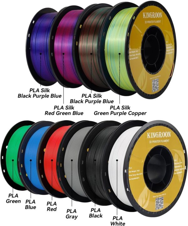 Kingroon PLA 3D Printer Filament,10 Rolls, 10kg Spool(22lbs),Single and Triple Color1.75 mm,4 Triple Color Silk PLA+6 PLA - Image 4