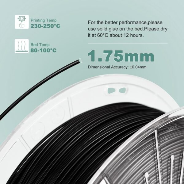 3D Printer Filament Nylon Filament PA6 2.2 lbs 1kg Nylon Clear Spool Net Weight 3D Printing Filament High Strength Durability Heat Resistance Easy Print Black PA 1.75mm - Image 3