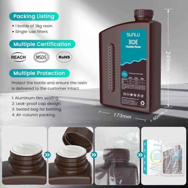 SUNLU Flexible 3D Printer Resin 2KG, 66A 3D Printing Resin for Printing Soft and Flexible Items, Bendable and Not Brittle, Fast Curing 405nm UV Photopolymer Resin. (2000G Gray) - Image 9