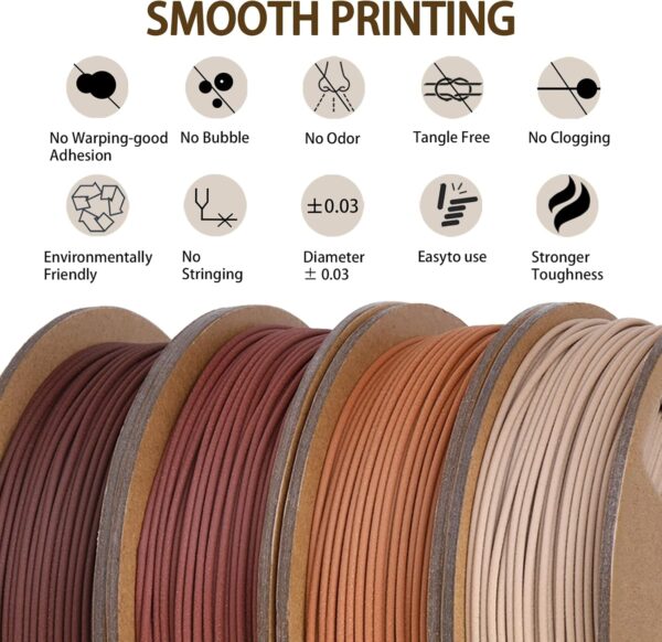 30% Real Wood Fiber 3D Printer Filament Bundle, 3 D PLA Printing Print Filament 1.75 mm, +/-0.03mm & 2.2 lbs, Walnut, Oak, Cherry, Teak, 250g X 4 Pack - Image 5