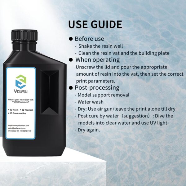 YOUSU Water-Washable Low Odor LCD 3D Printer Resin UV-Curing 405nm 3D Resin Suitable for Mono Screen and RGB Screen High Resolution 3D Printing Liquid Snow White Color 1000g - Image 6