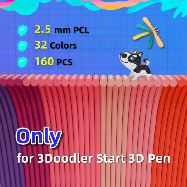 32 Colors 3D Pen Filament Refills (27 Solid +5 Fluorescent) for 3Doodler Start+ Pens, Low Temp Safe PCL 2.5mm Dia, 15cm per Color x5 Strands, 79 feet Total Refill Pack Only Fit 3Doodler Start+ 3D Pen - Image 2