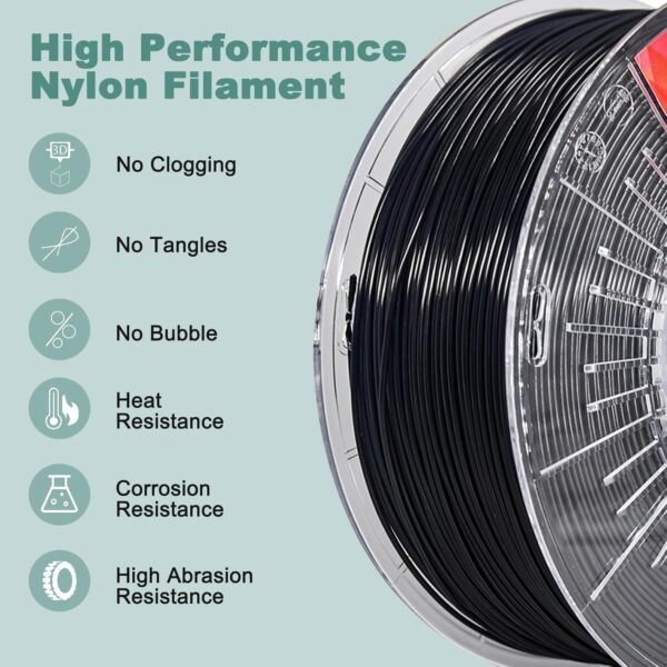 3D Printer Filament Nylon Filament PA6 2.2 lbs 1kg Nylon Clear Spool Net Weight 3D Printing Filament High Strength Durability Heat Resistance Easy Print Black PA 1.75mm - Image 2
