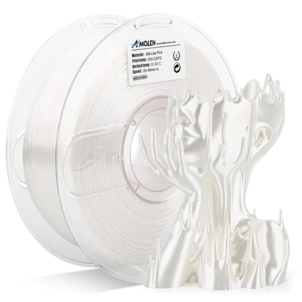 AMOLEN Silk PLA Filament 1.75mm 3D Printer filaments, Shiny White Filament for 3D Printing, 1kg(2.2lbs) Spool, Compatible with Most Printer(Silk White)