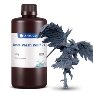 ANYCUBIC 3D Printer Resin, Water Washable Resin 2.0, No Need Extra Alcohol and Easy to Clean, Fast Curing, Low Odor, Wide Compatibility for All LCD Resin 3D Printers (Grey, 1kg)