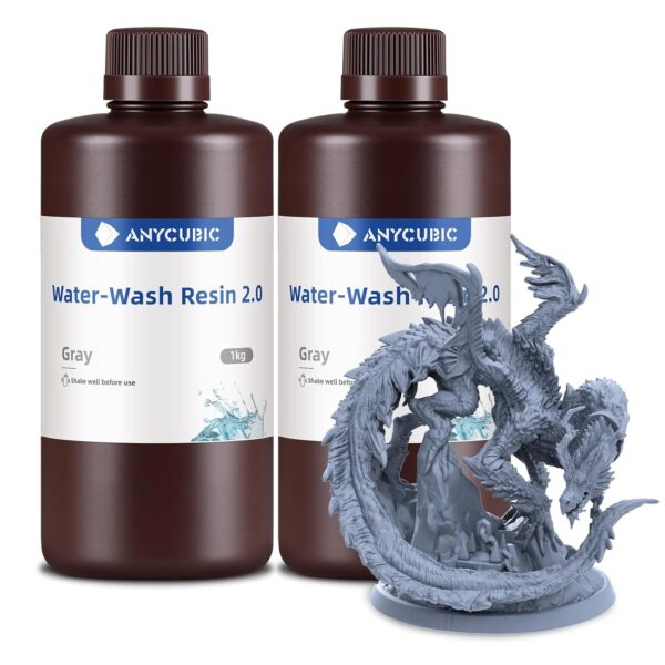 ANYCUBIC Water Washable Resin 2.0 Bundle, 3D Printer Resin with Low Viscosity and Fast Printing, 405nm High Precision 3D Resin, 8K Capable LCD DLP 3D Printing (Grey+Grey, 2kg)