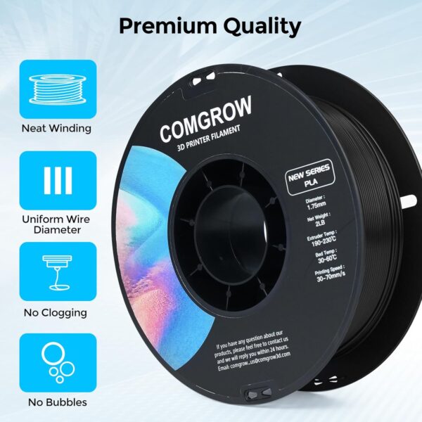Comgrow PLA 3D Printer Filament, Durable and Stronger 3D Printer PLA Filament 1.75mm Fit Most 3D Printers, Dimensional Accuracy +/- 0.02 mm, 2LBS Spool PLA Black - Image 2