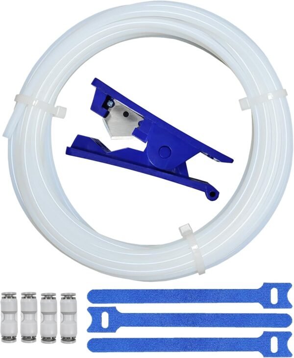 Creamy white PTFE Tube Kit, 2.5mm ID×4mm OD, 5M/16.4ft, Compatible with Bambu Lab AMS X1/P1P/A1, CREALITY K2 Plus/Hi, FLASHFORGE 5M, Prusa MMU3, with Tubing Cutter & 4pcs 4mm Pneumatic Fittings