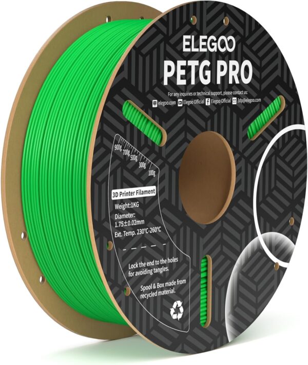 ELEGOO PETG PRO Filament 1.75mm Green 1KG, Strong Toughness 3D Printer Filament Dimensional Accuracy +/- 0.02 mm, 1kg Cardboard Spool(2.2lbs) for Most FDM 3D Printers
