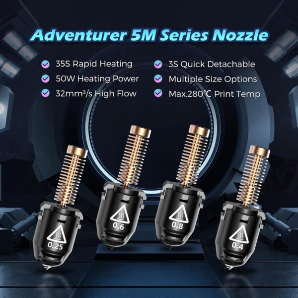 FLASHFORGE Adventurer 5M Nozzle, All Sizes 4-Pack Nozzle Bundle, 280℃ High Flow 32mm³/s Nozzle for Stable High-Speed Printing, Adventurer 5M Pro Hotend, 3S Quick-Detachable Nozzle - Image 2