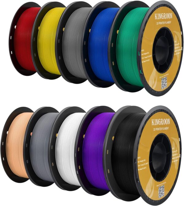 Kingroon PETG 3D Printer Filament, 10 Rolls, Dimensional Accuracy +/- 0.03 mm, 10kg Spool(22lbs), 1.75 mm，Black White Grey Red Blue Green Purple Skin Silver Yellow