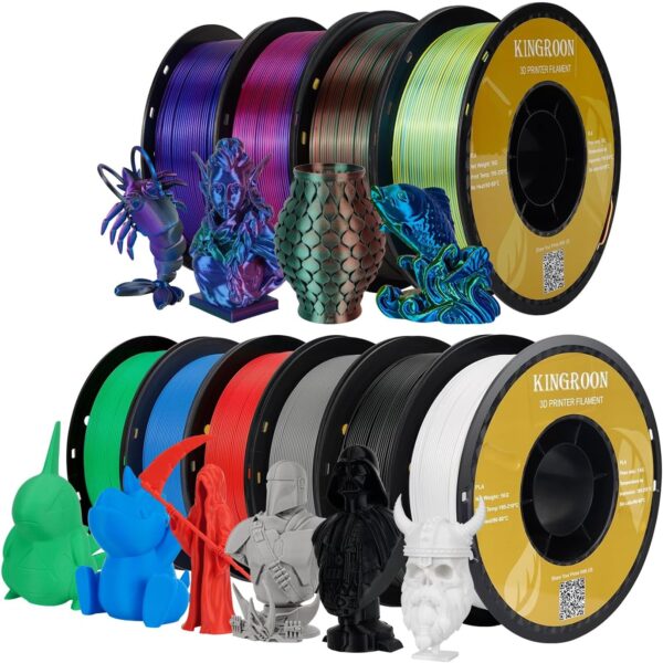 Kingroon PLA 3D Printer Filament,10 Rolls, 10kg Spool(22lbs),Single and Triple Color1.75 mm,4 Triple Color Silk PLA+6 PLA - Image 2