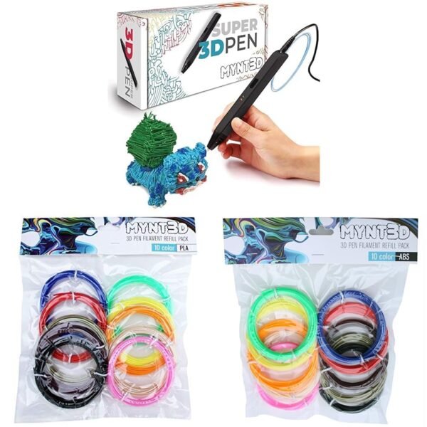 MYNT3D Super 3D Pen, 1.75mm ABS and PLA Compatible 3D Printing Pen & PLA 3D Pen Filament Refill Pack (10 Color, 3m Each) & ABS 3D Pen Filament Refill Pack (10 Color, 3m Each)