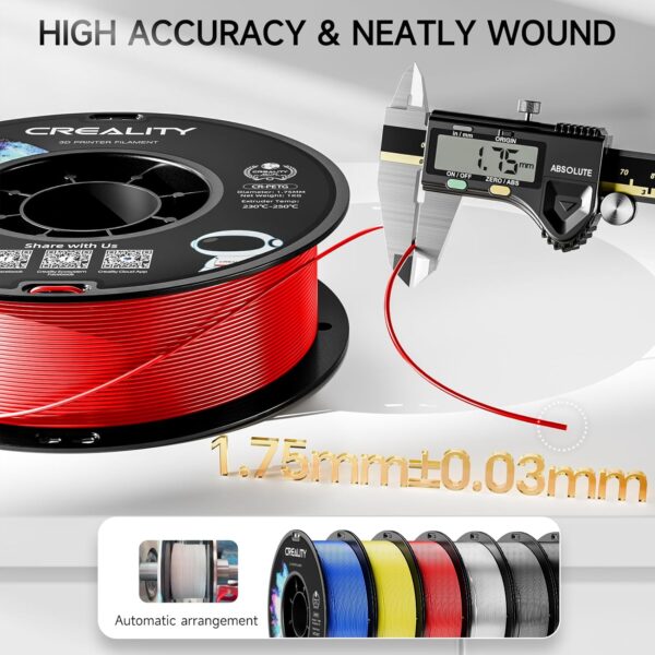 Official Creality PETG 3D Printer Filament 1.75mm 4KG (8.8lbs), High Precision, Strong Toughness, Odorless, Better Flow, Moistureproof 3D Printing CR PETG Filament, Black+White+Red+Blue - Image 2