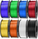 PLA 3D Printer Filament 1.75mm, 0.25kg Each Spool, Total 2kg, 8 Packs, 2 Spool of Black/White and 6 Spool of Transparent PLA Red/Purple/Orange/Blue/Yellow/Green