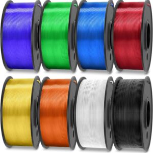 PLA 3D Printer Filament 1.75mm, 0.25kg Each Spool, Total 2kg, 8 Packs, 2 Spool of Black/White and 6 Spool of Transparent PLA Red/Purple/Orange/Blue/Yellow/Green