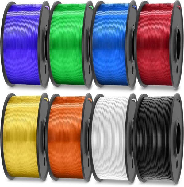 PLA 3D Printer Filament 1.75mm, 0.25kg Each Spool, Total 2kg, 8 Packs, 2 Spool of Black/White and 6 Spool of Transparent PLA Red/Purple/Orange/Blue/Yellow/Green