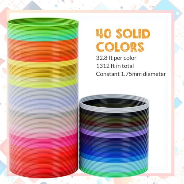 Pangda 40 Bright Colors 1.75mm 3D Printer PLA Filament Bundle Silk Each Color 16 Feet, Total 640 Feet 3D Pen Filament Refill for Halloween Crafting Decorations - Image 2