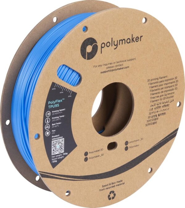 Polymaker TPU Filament 1.75mm Blue, 0.75kg Shore 95A Flexible 3D Printer Filament 1.75mm - PolyFlex TPU95 3D Printing TPU Filament 0.75kg Blue Soft Flexible Filament