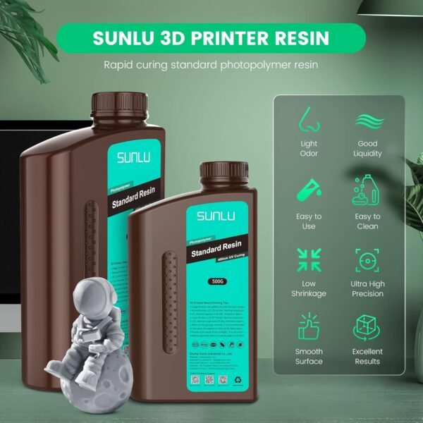 SUNLU 3D Printer Resin 3kg, Fast Curing Standard 3D Resin for Most Resin 3D Printers, 395 to 405nm UV Curing 3D Printing Liquid Photopolymer Resin, Low Shrinkage and High Precision, 3000g, Grey - Image 2