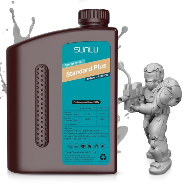 SUNLU 3D Printer Resin, Upgraded Standard Plus Fast Curing 3D Resin, 395 to 405nm UV Curing 3D Printing Liquid Photopolymer Resin, Higher Precision, Stronger Toughness, Standard Plus Resin 2000g, Grey