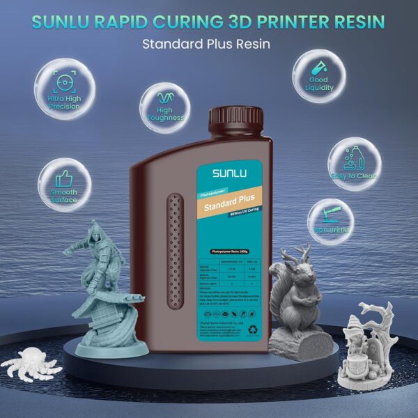 SUNLU 3D Printer Resin, Upgraded Standard Plus Fast Curing 3D Resin, 395 to 405nm UV Curing 3D Printing Liquid Photopolymer Resin, Higher Precision, Stronger Toughness, Standard Plus Resin 2000g, Grey - Image 2