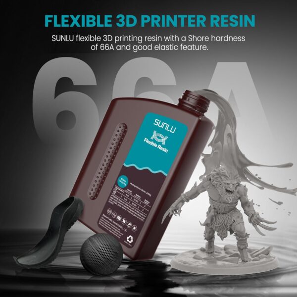 SUNLU Flexible 3D Printer Resin 2KG, 66A 3D Printing Resin for Printing Soft and Flexible Items, Bendable and Not Brittle, Fast Curing 405nm UV Photopolymer Resin. (2000G Gray) - Image 2