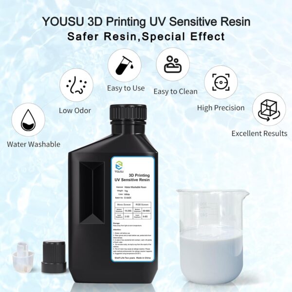YOUSU Water-Washable Low Odor LCD 3D Printer Resin UV-Curing 405nm 3D Resin Suitable for Mono Screen and RGB Screen High Resolution 3D Printing Liquid Snow White Color 1000g - Image 2